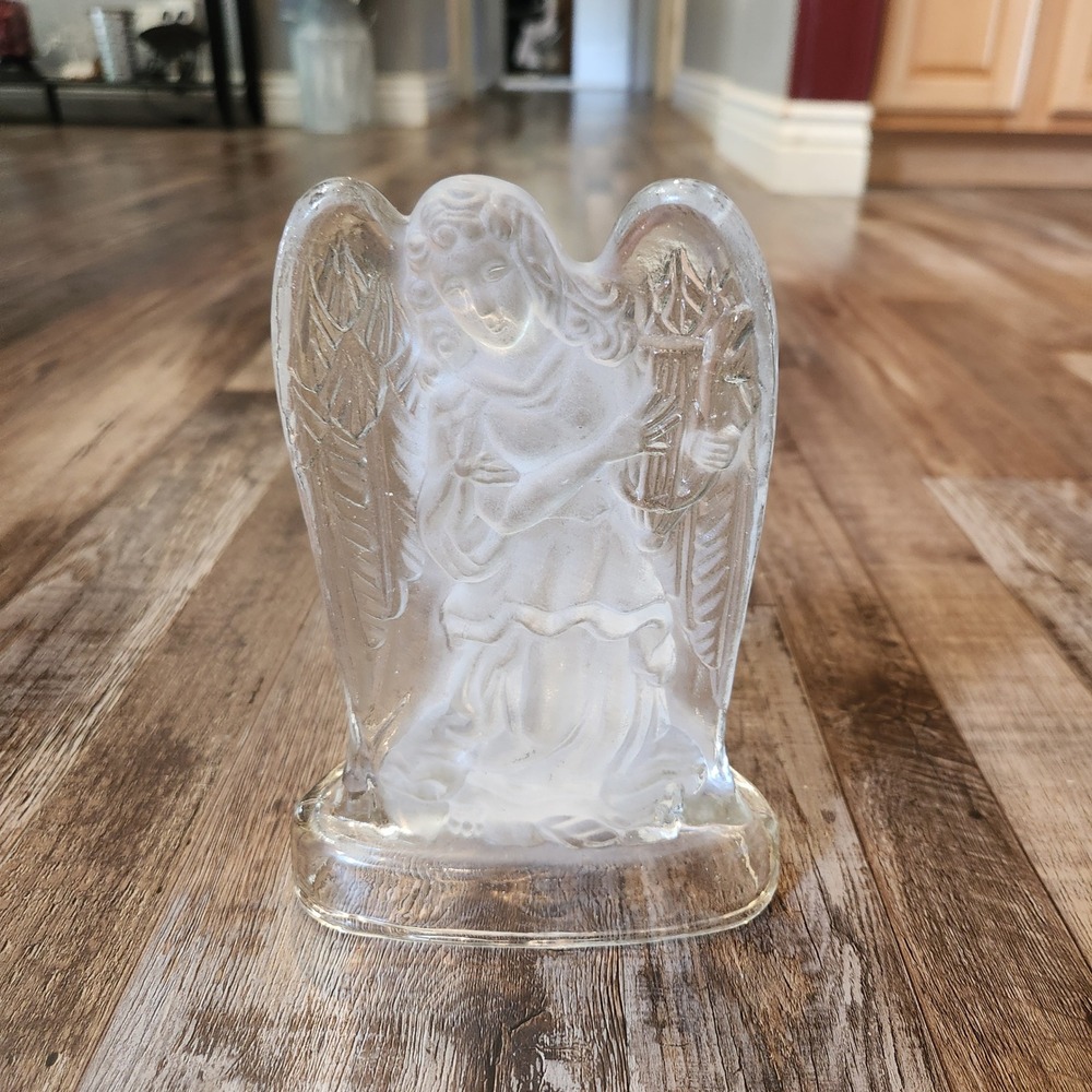Crystal Clear Glass Angel Votive Candle Holder Frosted Harp Figurine 7.5 Inch